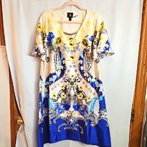 (0051) JM Collection Colorful Floral Dress with Blue and Yellow Accents